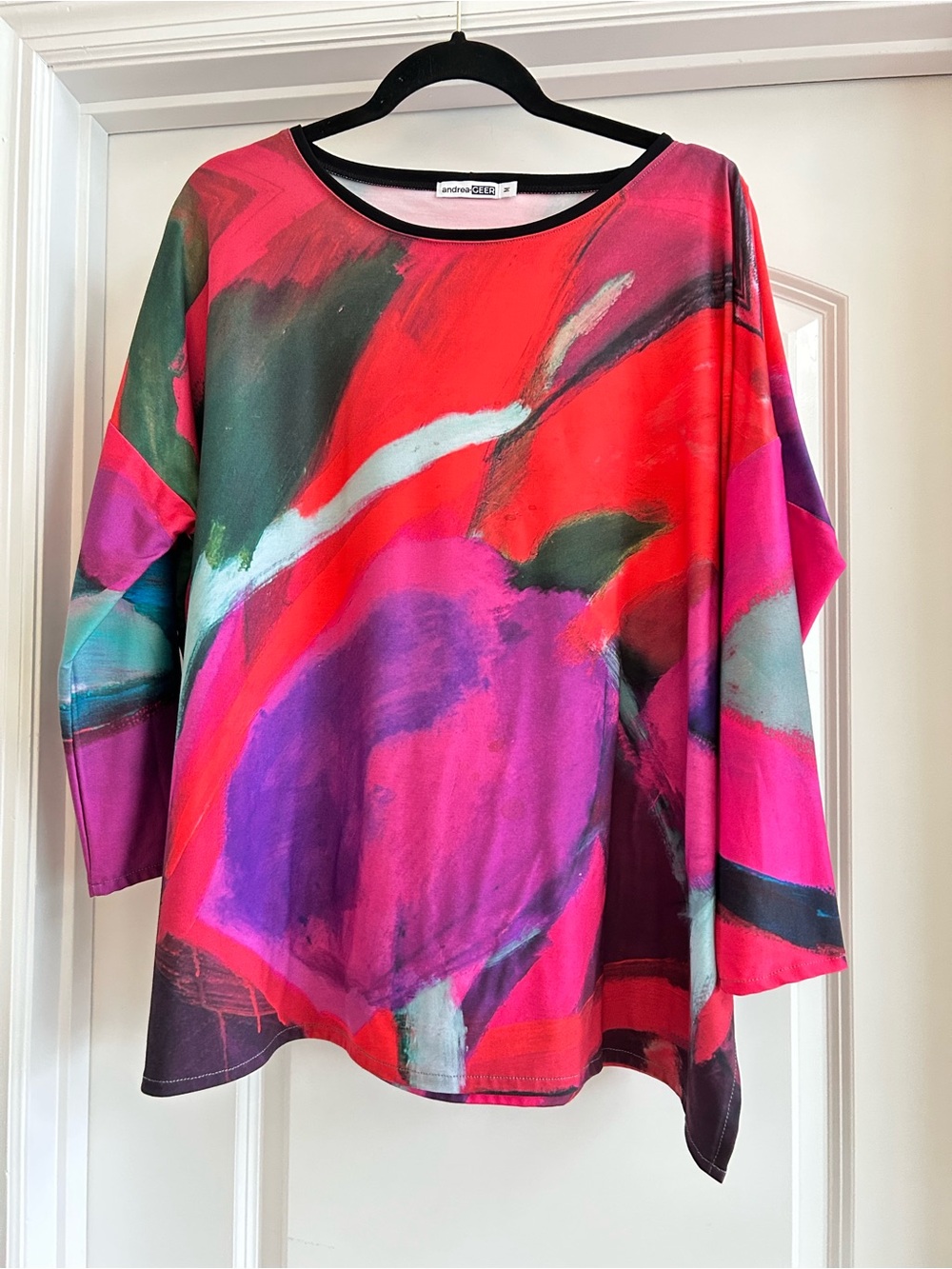 Andrea Geer Abstract Tunic Top Oversized Red Pink Teal Art to Wear medium